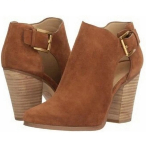 Michael Kors cognac suede leather boots heel with zipper and gold buckle size 10 - Picture 2 of 16